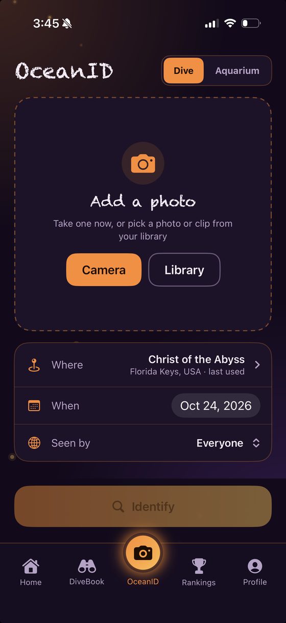 OceanID: add a photo, choose the dive site